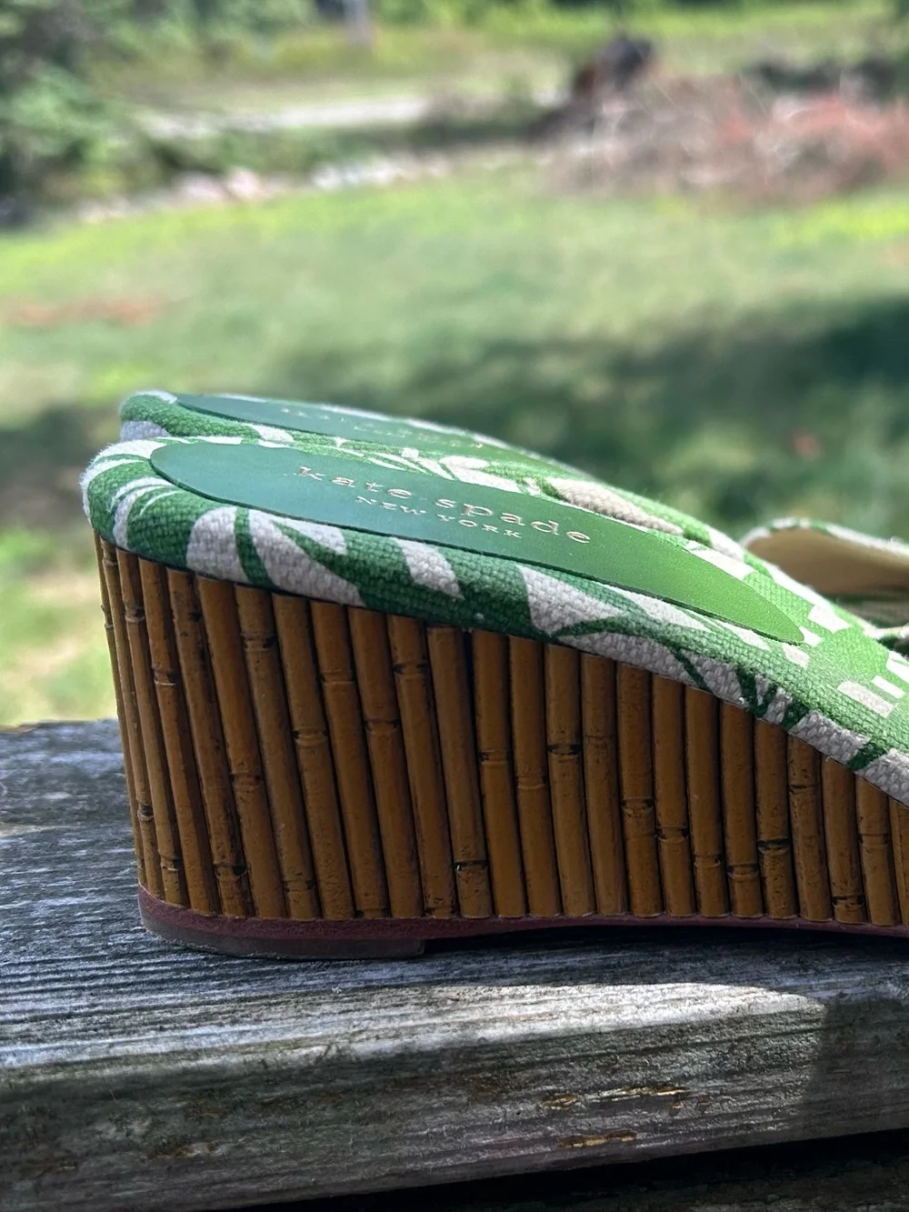 Kate Spade Meena Palm Green Canvas Bamboo Wedge Sandals Size 9